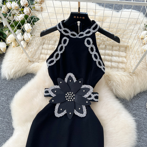 Sexy Halter Áo Mỏng Giản Dị <span class=keywords><strong>Midi</strong></span> Dress Đối Với Phụ Nữ Không Tay <span class=keywords><strong>3D</strong></span> Hollow out Ren Vestidos - Product Image 2