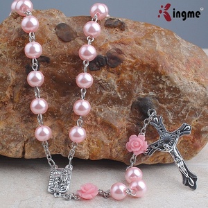 8mm 핑크 컬러 유리 진주 비즈 산호 장미 구슬 묵주 Louders 센터 조각 및 십자가 - Product Image 4
