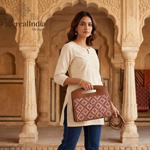 Damask Print Handbag Cotton Rug Tote with Leather Handle & <b>Strap</b> Boho Structured <b>Shoulder</b> Bag Handmade Gift for Her - Product Image 1