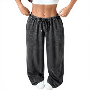 Street Wear Custom Logo Autumn Thick Fleece 100% Cotton Waterproof Women's Baggy Sweatpants Elastic Waist Wide Straight Pants - Product Image 2