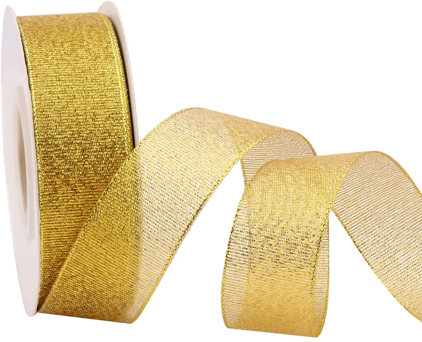 sheer 1 Inch Glitter Christmas Gold Ribbon Wired organza mesh snowflake Gold Ribbon for Gift Wrapping for Wedding Xmas