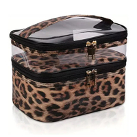 Pochette à maquillage personnalisée avec logo imprimé léopard, dessus en PVC transparent, double couche, organiseur de cosmétiques, grande trousse à maquillage avec porte-pinceaux