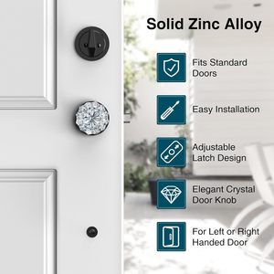 Calzibeno <b>Black</b> Front <b>Door</b> Handle And Deadbolt Set With Crystal Glass <b>Knob</b> Entry Lock Matte Finish Zinc Material - Product Image 3