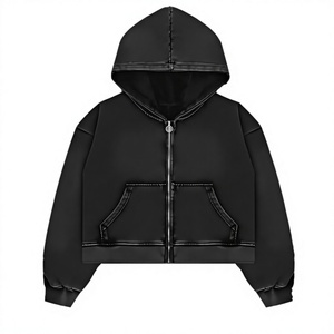 Unisex Black <b>Hooded</b> Jacket Full <b>Zip</b> Oversized French Terry Breathable Windproof Casual Pocket Sweatshirt Solid Color Long Sleeve - Product Image 1