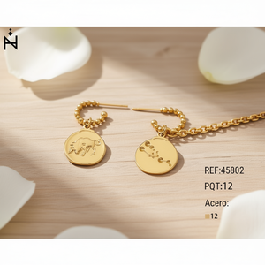 Pendientes de tuerca chapados en oro con colgante de cadena del zodiaco Tauro, acero de 12 quilates, 12 piezas - Product Image 3
