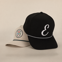Gorra de béisbol al por mayor negra y crema con cuerda, parche de escudo con letras bordadas, visera curva, ajustable, para golf