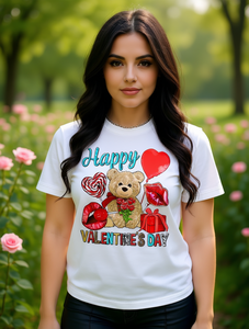 T-shirt da donna con stampa orsetto e cuore per San Valentino, girocollo, manica corta, casual, 100% cotone traspirante, per primavera ed estate - Product Image 2