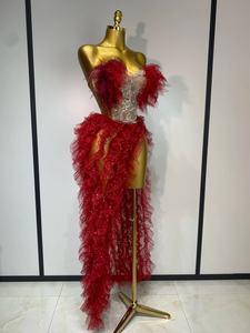 Conjunto de 2 piezas para mujer, vestido largo ajustado sin tirantes con volantes, abertura alta, para discoteca, fiesta, cumpleaños, actuación en escenario - Product Image 2