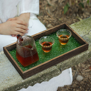 Plateau à thé en bois de style japonais avec insert en verre, plateau de service rectangulaire pour le rangement des tasses à thé, plateau à fruits - Product Image 1