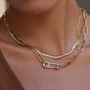 Two Tone Gold Stainless Steel Paperclip Chain Necklace <b>Bracelet</b> <b>Set</b> Unisex Fashion Jewelry - Product Image 3