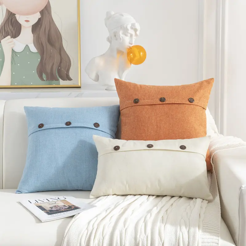 Benutzer definierte Logo Faux Leinen Bauernhaus Knopf Vintage Couch Sofa dekorative Überwurf Kissen bezug Kissen bezug