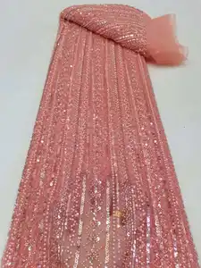Gaun pernikahan 2024 kain bordir buatan tangan renda Afrika kain manik-manik renda untuk kain Tule Prancis renda kain wanita untuk pesta