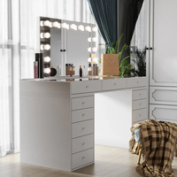 Coiffeuse de Chambre Design Moderne en Bois Noir Effet Vieilli avec Miroir LED, Tiroirs et Espaces de Rangement
