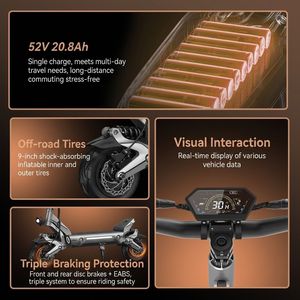 Scooter Eléctrico de Doble Motor de 1200W para Adultos, Venta al Por Mayor en Almacén de la UE - Velocidad Rápida de 60 km/h con Batería de 52V 20.8Ah, Motor de Doble Tracción - Product Image 6