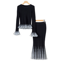 Ensemble 2 pièces tricoté pour femme : Haut pull à col rond et manches longues avec volants en tulle et jupe longue sirène – Collection Automne