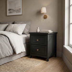 <b>Compact</b> Simple Classic White/Black 2 Drawer Nightstand Radiata/MDF Wood <b>Bedside</b> <b>Table</b> with Smooth Gliding Drawers - Product Image 6
