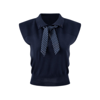 Top de punto tipo polo para mujer con manga casquillo y bufanda extraíble, cuello polo informal, ropa exterior, MOQ bajo, personalizado
