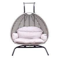 suspendu en métal osier gris moderne 2 pièces en rotin pour l'extérieur du jardin Fauteuil œuf à double balançoire avec support