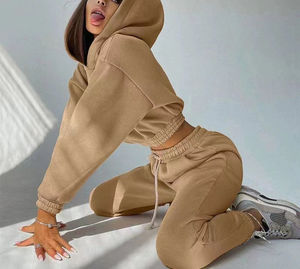 TKAN740 sin cuerda en blanco mujer pulóver Crop Top Oem logotipo personalizado gráfico 3D estampado bordado algodón pantalones de chándal conjunto con capucha - Product Image 3