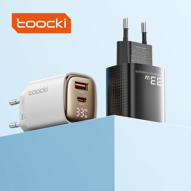 Toocki High-Efficiency 33W GaN Charger Dual-Port USB-C/USB-A & PD3.0/QC3.0 Protocols Smart Digital Display for Travel Office