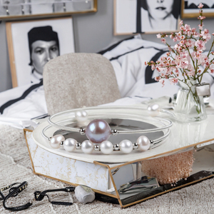 Freshwater Pearl <b>Adjustable</b> Cuff Bangle - Rhodium Plated Silver Wrapped Ethnic Opening <b>Bracelet</b> for Women - Product Image 3