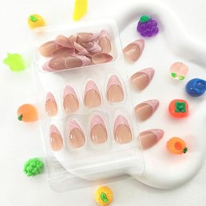 Prensa de almendras en las <span class=keywords><strong>uñas</strong></span>, Punta francesa Rosa corta, líneas estéreo, diseño de pegamento en la cubierta completa desnuda, acrílico Artificial brillante para niñas, 24 Uds. - Product Image 2