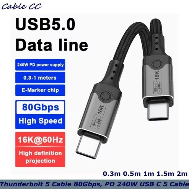 Thunderbolt 5 Cable 80Gbps, PD 240W USB C 5 Type-c Male to Male Cable Support 16K/8K 60Hz Video Display