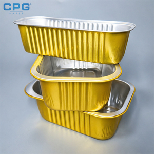 Conteneur alimentaire rectangulaire rigide en aluminium doré de 300 ml, à paroi lisse et bord roulé, pour boulangerie et plats à emporter - Product Image 1