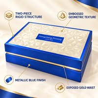 Caixa de Presente Rígida de Luxo Personalizada, Ecológica e Feita à Mão, Azul Metálico, Duas Peças, com Tampa Geométrica em Relevo para Cosméticos e Cuidados com a Pele