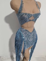Robe Courte Moulante Halter à Découpes, Strass et Franges, en Maille Transparente, pour Soirée, Club, Anniversaire, Tenue de Fête pour Femme