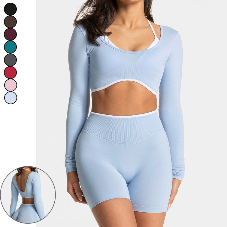Women's Gym Wear Active Clothing for Women Open Back Long Sleeve Active Wear Color Blocking 2 in 1 Crop Top Seamless Yoga Top