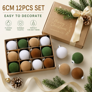 Lot <span class=keywords><strong>de</strong></span> 12 boules <span class=keywords><strong>de</strong></span> Noël floquées modernes et minimalistes, semi-artisanales en plastique, vert neutre, marron, blanc, velours, pour arbre - Product Image 3