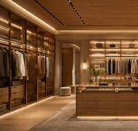 Dressing sur mesure de luxe en placage de bois avec porte en aluminium, éclairage LED intégré et îlot central de rangement pour villa