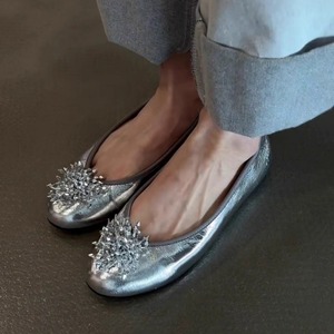 Zapatos Planos de Mujer, Tipo Bailarinas, de Cuero Sintético Dorado, Punta Redonda, Decoración Floral, Sin Cordones, Color Sólido, Cómodos para Todas las Temporadas - Product Image 3