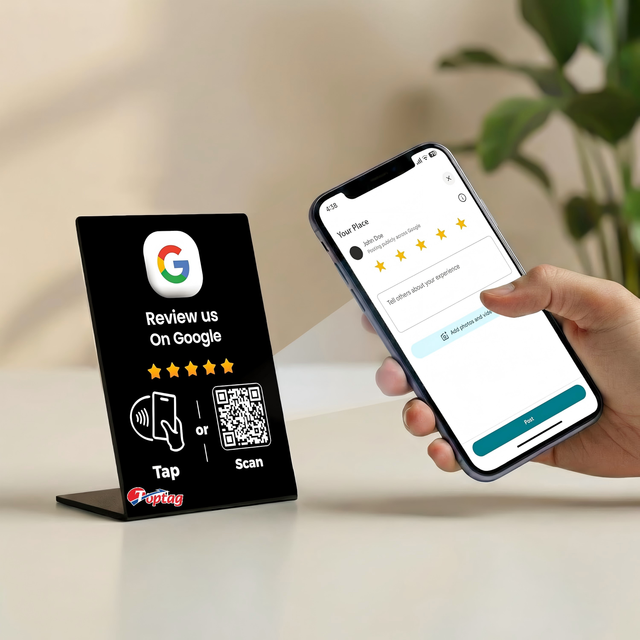 TOPTAG Social Media Stand with NFC Review Sign - Custom QR Code Display for Google Reviews - No App NFC Tap Card System