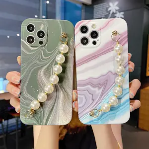 Casing ponsel marmer rantai mutiara, pelindung HP penuh Apple 14iPhone 15pro max cocok untuk 7/8p