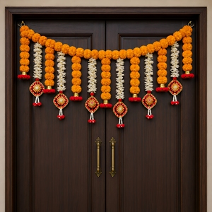 Orange Marigold Toran with White Floral Strings and Ganesha Idol Decorative Puja Backdrop for Festival <b>Home</b> Entrance Decor - Product Image 1
