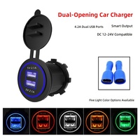 Chargeur de voiture double USB 5V 2.1A 12V 24V à montage sur panneau avec anneau LED et couvercle rabattable pour bateau, marine, camping-car, camion, voiture, fourgonnette