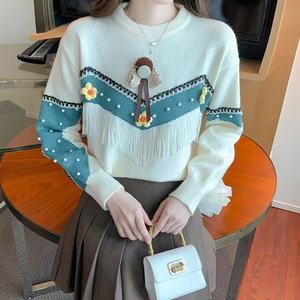 Tops de moda para mujer, prendas de punto explosivas, cuello redondo, borlas, ropa de flores, bloque de Color, patrón de letras, lazo con apliques, nuevo - Product Image 2
