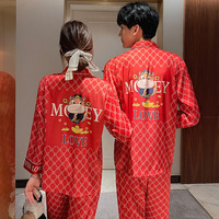 Pyjamas de couple style coréen à manches longues en soie glacée, printemps-automne, grande taille homme, motif vache de dessin animé fin pour femme 1081