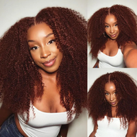 Perruque en cheveux humains afro bouclés crépus brun rougeâtre sans colle 13x6 13x4 Lace Front avec cordon de serrage, à enfiler et à partir, sans colle