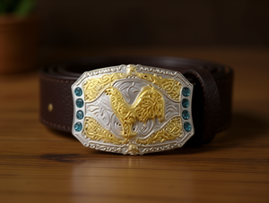 Fibbia per cintura grande in argento e oro da 5,0 cm placcata con pietre turchesi stile western - Product Image 2