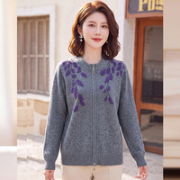 Cardigan en laine 100% tricoté sur mesure, col à revers, broderie florale, double fermeture éclair, ourlet côtelé, OEM/ODM