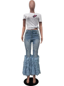 Broek Mid Taille Dames Jeans Casual Uitlopende Gescheurde Denim Straat Faux Wol Gescheurde Stretch Jeans Met Kralen Nagels - Product Image 3