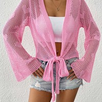 Einheitsgröße Damen Strick-Cardigan mit Schleifenärmeln und Trompetenärmeln, gewebter Pullover als Bikini-Überwurf