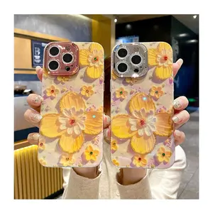 New Design Girly Oil Painting Flower Electroplated Camera Protection Phone Case for iPhone 15 14 13 12 Pro Max Korean Style Case