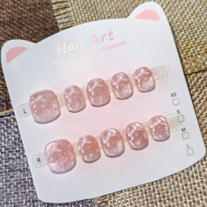 Uñas postizas cortas cuadradas para niños, uñas postizas con purpurina rosa y lazo blanco en 3D, pegatinas reutilizables para decoración de uñas para niñas, regalo. - Product Image 3