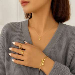 4pcs/<b>set</b> Gold Plated Water Drop Jewelry <b>Set</b> Necklace Earrings Rings <b>Bangle</b> Bracelet Women's Fashion Gift Jewelry - Product Image 1