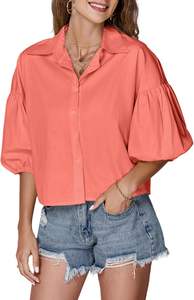 <span class=keywords><strong>Camicetta</strong></span> da donna Vintage estiva Crop Top in tessuto con colletto Button Down a maniche corte stile Casual camicia Crop - Product Image 3