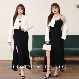 Vestido midi negro sin mangas con abertura lateral para mujer, talla grande, conjunto de falda larga para atuendos elegantes. - Product Image 2